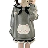 GOTHPICKUS Womens Kawaii Doll Collar Cat Graphic Sweatshirt Cute Embroidery Bow Tops Warm Ribbed Stripe Harajuku Sweatshirts