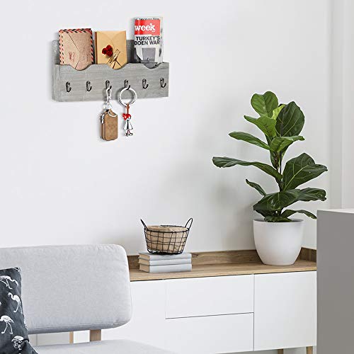 Wood Wall Mounted Mail Hanger Rustic Mail Sorter Wall Shelf with 3 Storage Compartments Entryway Organizer with 6 Key Hooks for Home Office