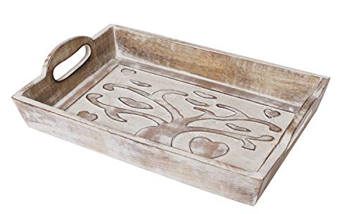 Father’s Day Gifts Tree of Life Hand Carved Wooden Breakfast Serving Tray with Handle for Tea Snack Dessert Kitchen Dining Serve-ware Accessories 15 x 10 Inches