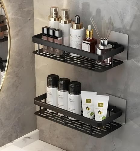 Shower Caddy Shelf 2 Pack - Thickened Upgraded Version, Adhesive Black Bathroom Rack - No Drilling Wall Mounted, Rustproof Organizer for Bathroom, Toilet, Kitchen