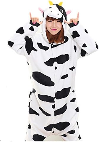 Akanbou Cute Animal Pajamas Onesies Flannel Plush Anime Pajama Cartoon Cosplay Costumes Unisex Adult Warm Sleepwear Halloween Hooded Homewear (L, Cow)