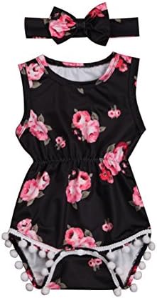 Cute Adorable Floral Romper Baby Girls Sleeveless Tassel Romper One-Pieces +Headband Sunsuit Outfit Clothes (18-24 Months, Black 2)