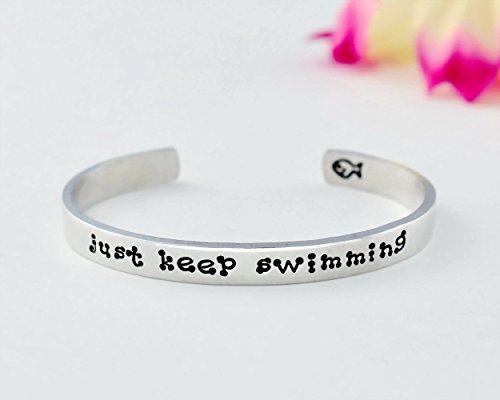 just keep swimming - Hand Stamped Aluminum Cuff Bracelet, Motivational Inspirational Message Jewelry, Courage, Don't Give Up, Move On, Best Friend BFF Gift