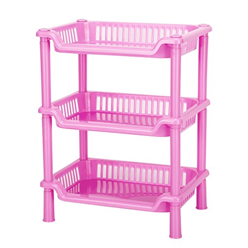 Crystalbabey Storage Shelves, Plastic Storage Shelves3 Layers Floor Stand Rack Shelf Shower Organizer Kitchen Storage Bathroom Shelves for Household Kitchen (Pink)