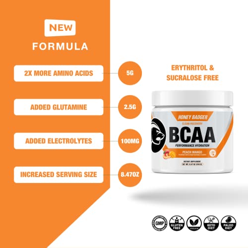 Honey Badger BCAA Amino Acids Electrolytes Powder, Keto, Vegan, Sugar