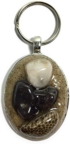 2.75 inch Great Lakes Stones and Beach Sand Key Ring with Horn Coral Fossil, Quartz, and Leland Blue