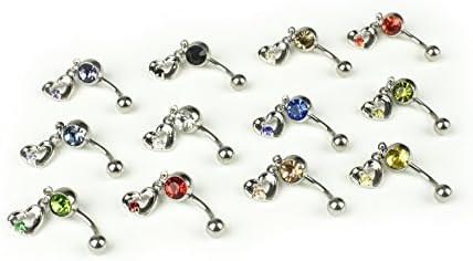 12 Stainless Steel Heart Charm Belly Rings in 12 Colors