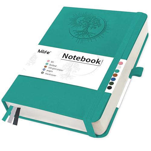 Mlife B5 Dotted Notebook with Tree of Life Design,300 Pages,100 G/M² Dotted Paper,PU Cover,Elastic Band,Pencil Holder,3 Bookmark,For Women And Men,14.6 X 21.3 CM-Greenish Blue