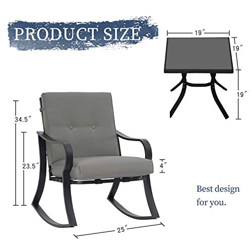 Oakmont Outdoor Furniture 3 Piece Bistro Set Patio Rocking Chairs with Warm Gray Thick Cushions, Glass Top Table, Front Porch Garden Pool Lawn
