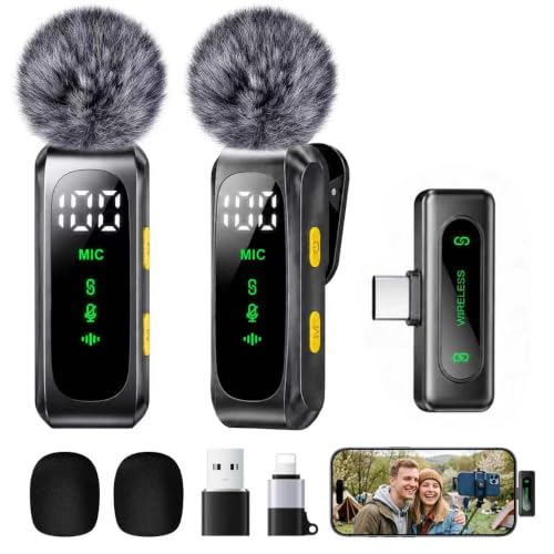 Mini Wireless Condenser Microphone Compatible with iPhone, Android and PC, Plug & Play Lavalier Microphone with Noise Reduction, Battery Indicator and Windscreen for Video and Streaming (Black)