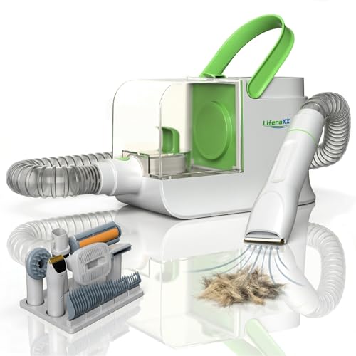Tosa Animali 6 in 1 con Aspirazione – Kit Tosatura per Cani e Gatti, Silenziosa, Tosa Elettrica con 6 Pettini, Spazzola Districante, Testina Massaggiante, Contenitore 1,5L - LX-052