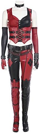 FHTD Knight Harley Quinn Costume Costume Bodysuit Sling Vest, Pants, Gloves, Wristbands, Neck Strap, Belt Batman Halloween Movie Game Cosplay Party Costume,Red,S