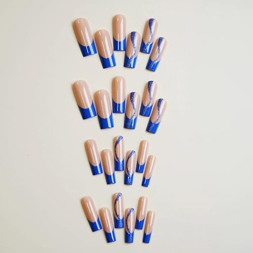 BABALAL Square Press on Nails Long Fake Nails Blue French Stick on Nails Glitter Swirl Acrylic Nails 24Pcs Squoval Shiny Manicure Artificial False Nails for Women and Girls - Image 2