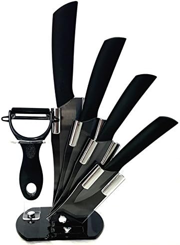 Premium 6 Piece Ceramic Knife Set with Acrylic Holder &amp; Bonus Ceramic Peeler. Anti-Bacterial Blades, Ergonomic Handles. Incl 6” chef’s, 5” paring, 4” utility, 3” fruit knife by KABOOCHY