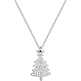 NewZenro Crystal Christmas Tree Necklace for Women Silver Plated Cute Sparkling Cz Cubic Zirconia Trees Shiny Star Adjustable Chain Pendant Choker Necklaces Xmas Winter Holiday Festival Jewelry