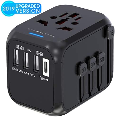 Glamfields Travel Adapter Worldwide All In One International Power Adapter Fast Wall Charging Cover 200+ Countries 100V-250V (Eu Uk Usa Au Plug) (3Usb+1Type C) (1500W/6A)