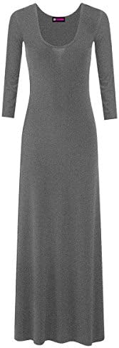 Womens Plain Flared Stretchy Maxi Dress Ladies Long Sleeve Long Jersey Dress CHARCOAL UK 16-18 = US 12-14