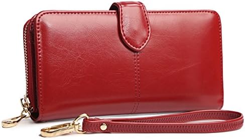 Large Capacity Women Wallet Oil Wax Leather Ladies Handbag Zipper Coin Purse Phone Bag (Red)