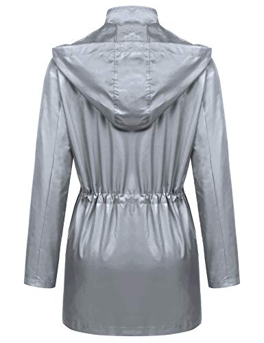 URRU Women's Waterproof Outdoor Raincoat Lightweight Rain Jacket Active Hooded Windbreaker Trench Coat Grey M - Thumbnail 3