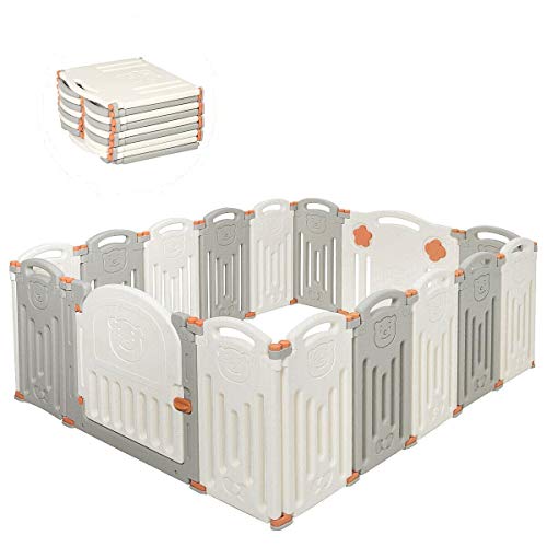 Costzon Baby Playpen, corralito plegable de 16 paneles para el centro de actividades de seguridad para niños con puerta de bloqueo, bases de goma antideslizantes, forma ajustable, diseño portátil para uso en interiores y exteriores (beige + gris, 16 panel