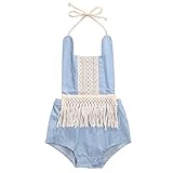 Infant Baby Girl Tassel Jean Romper Sleeveless Backless Halter Jumpsuit One-Piece (80(6-12 Months), Blue)