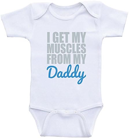 Baby Boy Onesies "I Get My Muscles From My Daddy" Baby Clothes by Heart Co Designs (6mo-Short Sleeve, Blue Text)