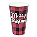 Greenhouse Compostables, Merry Christmas Paper Cups, 50 ct, 16oz - 100% Compostable, Red and Black Buffalo Check Plaid, Disposable Holiday Party Drinkware