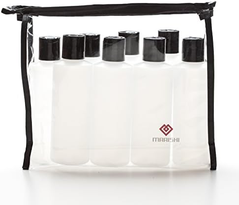 Marishi 6 Ounce Plastic Bottles with Caps for Liquids. Set of 8 in Zippered Carry Bag. (8 Caps)