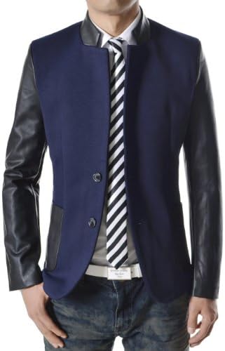 Showblanc (SBLPJ02) Man Slim Fit Chinese Collar 2 Button Leather Patched Blazer NAVY US XS(Tag size L)