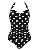 1950s Retro Black Vintage One Piece Monokini White Polka Swimsuits Swimwear 2XL(FBA)