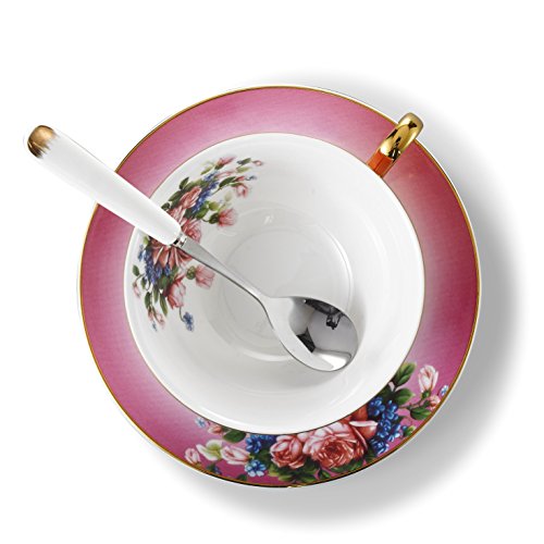Panbado 3 Piece Bone China 6.8 oz Coffee Saucer Spoon Vintage Porcelain Tea Cup Set, Service for 1-Red Flower