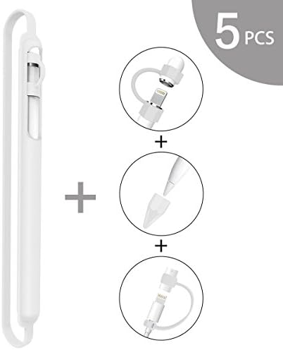 [5-Piece] Apple Pencil Case WZE 5-Piece Soft Silicone Protective Cap Holder Nib Cover Adapter Tether Accessories Pocket Sleeve For iPad Pro 9.7/ 10.5 Pen Black White Pink (A-White) 4 Piece Are Free
