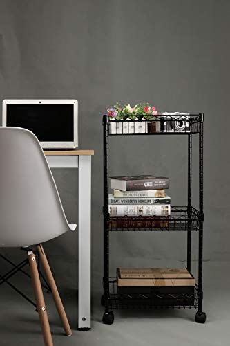 YOHKOH 3-Tier Metal Rolling Utility Cart, Storage Trolley Cart with Mesh Baskets and Lockable Wheels Adjustable Shelves for Bathroom Kitchen Office Black