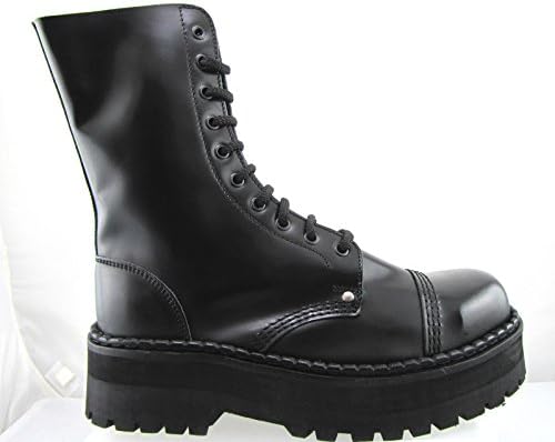 STEELGROUND Unisex Leather Combat 10 Eye Triple Sole Boots Black Box Rock Biker Ultra Resistant STELL Cap