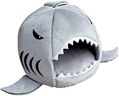 Shark Round House Puppy Bed with Pet Bed Mat(Gray, M)