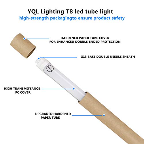 YQL F40T12 T10 T8 Led Tube Bulb Light 4ft 48in 22W(40W-50W Equivalent) 6500K White Frosted Dual-End Powered Ballast Bypass Replacement for Flourescent Tubes Garage Warehouse Factory Shop Light-6 Pack