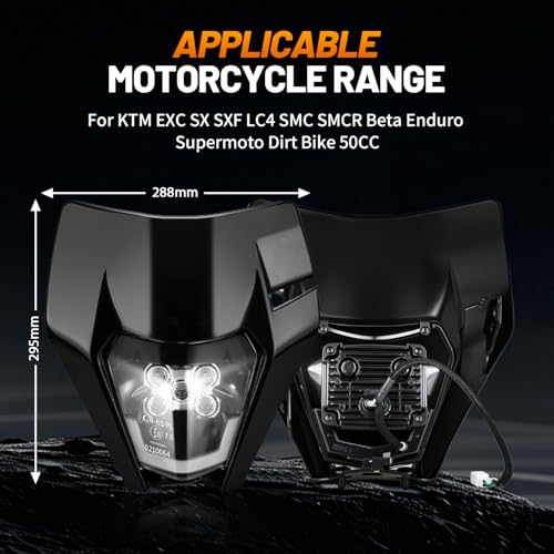 JFG RACING Universal Motorcycle LED Headlight for KTM EXC125 EXC250 SX250 SXF250 SXF250 EXC450 SX350 SXF450 EXC525 640LC4 Dirt Bike Enduro Supermoto Beta Derbi 50cc - Black