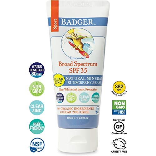 Badger SPF 35 Clear Zinc Sport Sunscreen Cream Unscented Broad