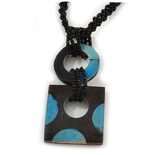 Avalaya Black/Blue Wood Square Pendant with Braided Black Glass Bead Cord - 46cm L/ 9cm Pendant