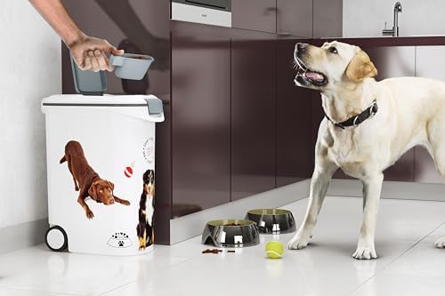 Contenedor de comida,pienso para mascotas con Ruedas 20 Kg/ 54 L, Sellado de goma antiolores, Decorado perros, 28 x 50 x 61 cm