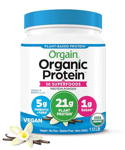 Orgain Organic Vegan Protein + 50 Superfoods Powder, Vanilla Bean - 21g Plant Based Protein, 8g Prebiotic Fiber, No Lactose Ingredients, Gluten Free, No Added Sugar, 1.12 lb (Packaging May Vary)