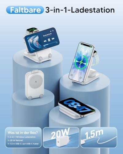 Magnetisch Ladegerät Kabellose Ladestation für Apple-Geräte, Faltbar 3 in 1 Ladestation Kompatibe mit i-Phone17 16 15 14 13 12 Series, Apple Watch Series und Air Pods 4 3 2 Pro