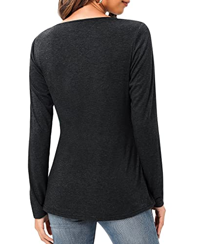 HUSKARY Black T Shirts for Women Long Sleeve Round Neck Button Decor Causal Blouse