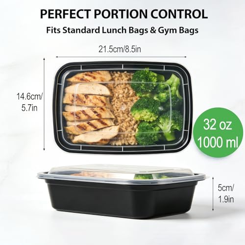 KUMD 40-Piece Set (20-Pack) 32oz Meal Prep Containers with Lids - Reusable 1 Compartment Food Storage & Freezer Containers, Microwave/Dishwasher Safe, BPA Free