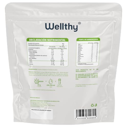 Wellthy Peas Protein Proteína Vegana de Chícharo 1.8kg. 60 Porciones por Envase, 100% Natural, 100% Plant Based, Low Carb, Gluten Free, Sugar Free, Bottle Free.