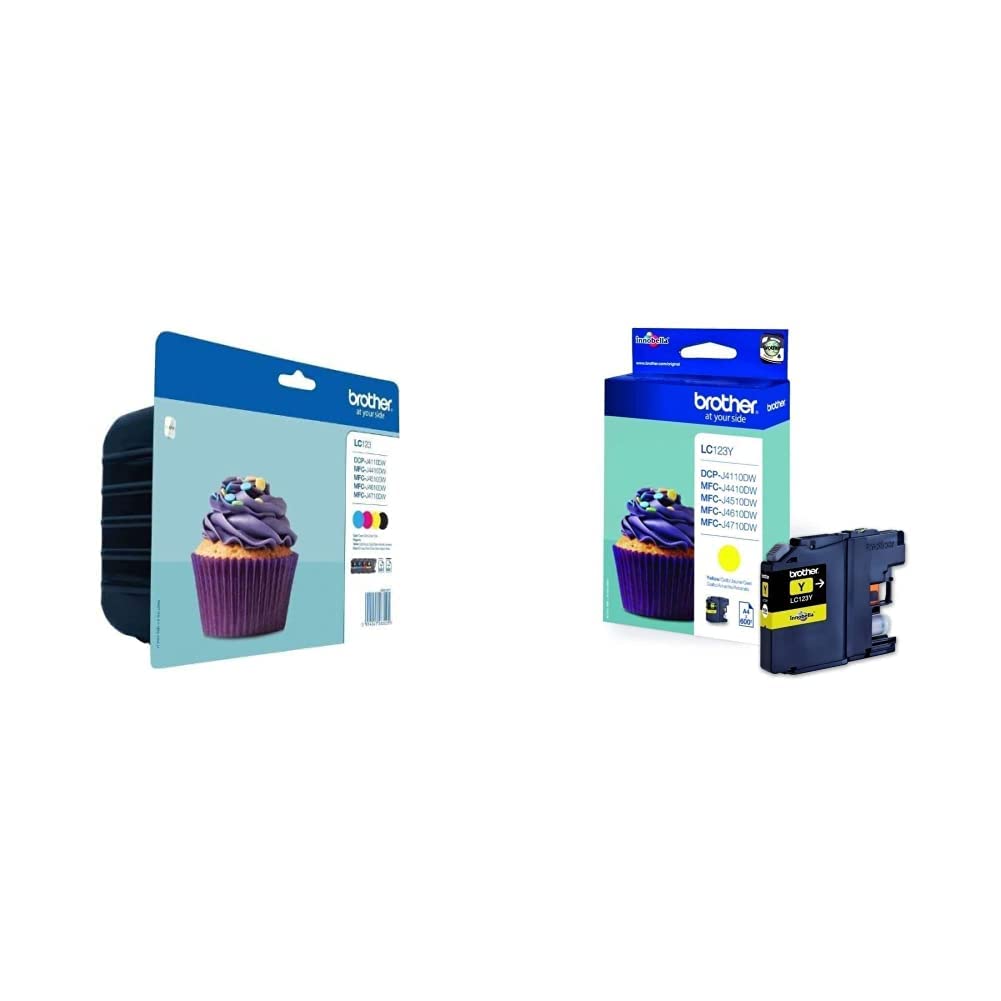 Brother LC-123BK/LC-123C/LC-123M/LC-123Y Inkjet Cartridges, Black/Cyan/Magenta/Yellow, 4 x Inkjet Cartridges & LC-123Y Inkjet Cartridge, Yellow, Single Pack, High Yield, 1 x Inkjet Cartridge
