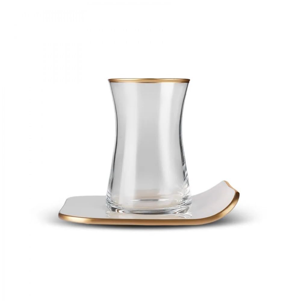KARACA Retro 12-Piece Glass Tea Set for 6-165ml, 6 Glasses with Saucers, Cream Colored, Includes Tea Plates — image 1