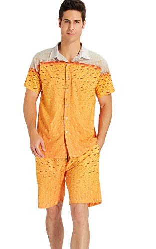 RAISEVERN Hombre Regular Fit 3D Cuello Redondo con Estampado de Cerveza Stag Manga Corta con Botones Camisas Hawaianas Aloha Amarillo