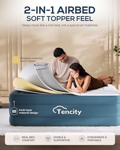 Tencity Queen Air Mattress with Built-in Pump, 20” Luxury Blow Up Mattress with 3cm Quilted Foam Topper, Extra Firm Support, Quiet Inflatable Bed for Guests, Home & Temporary Sleep, 660 lbs