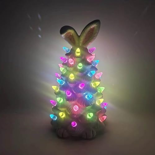 Lighted Easter Ceramic Bunny Tree Decoration,Easter Rabbit Figurines with Colorful Lamp Beads & Bunny Ear, Spring Decor Figurine Night Light for Home, Tabletop Holiday Decorations Gifts (19.5CM/A)